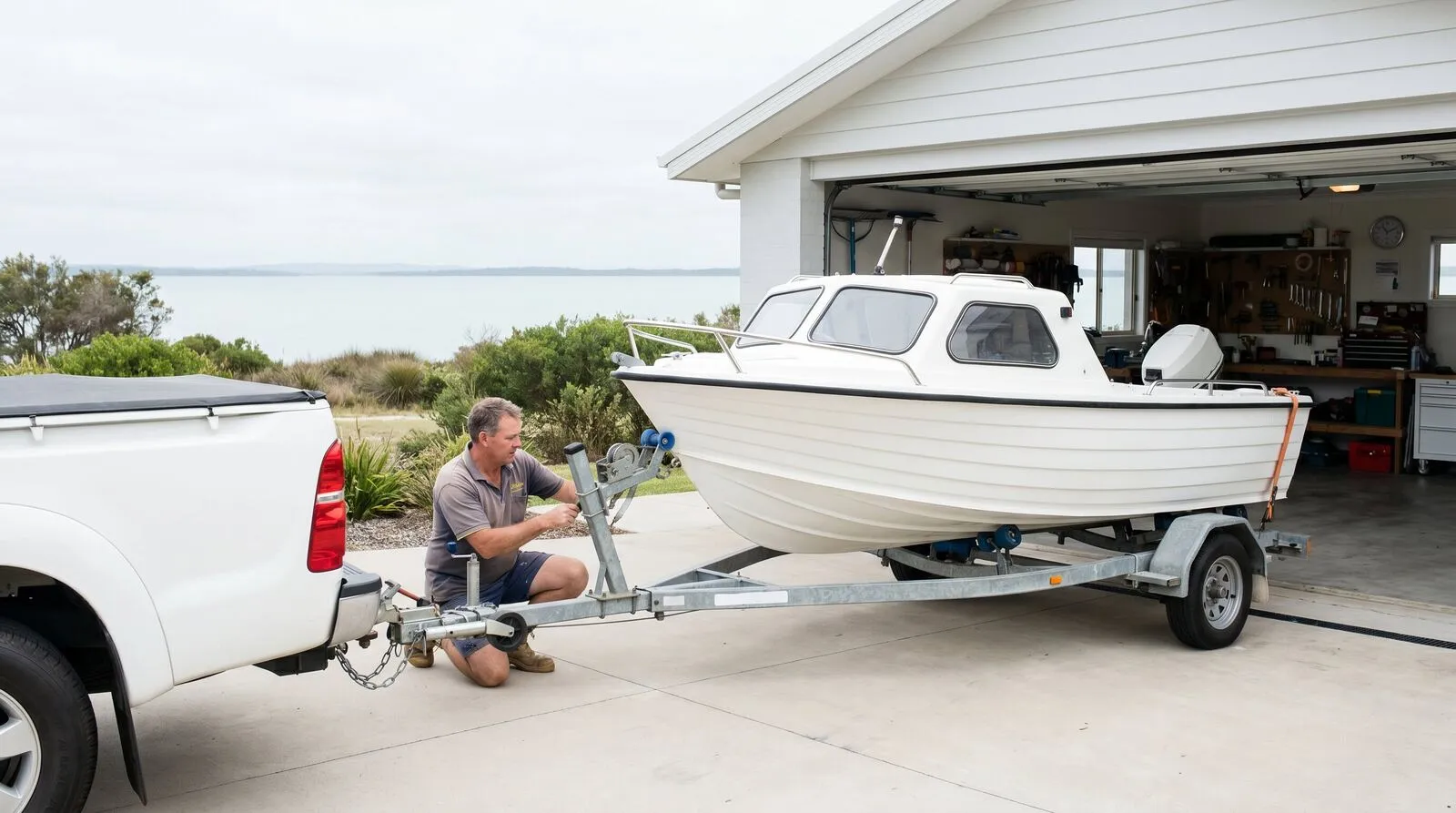 A half-cabin boat on a trailer in front of a wide open garage door at first light