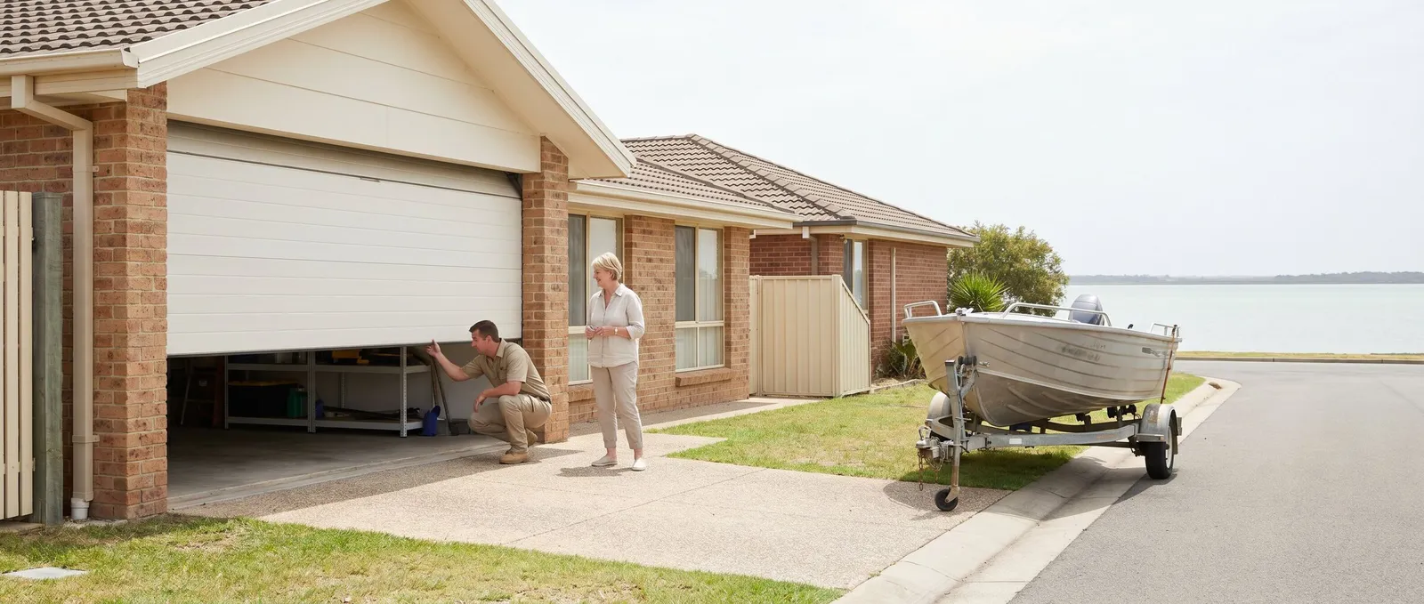 A technician checking the rollers of a half-open sectional garage door while the home owner looks on, with Lake Macquarie at the end of the street
